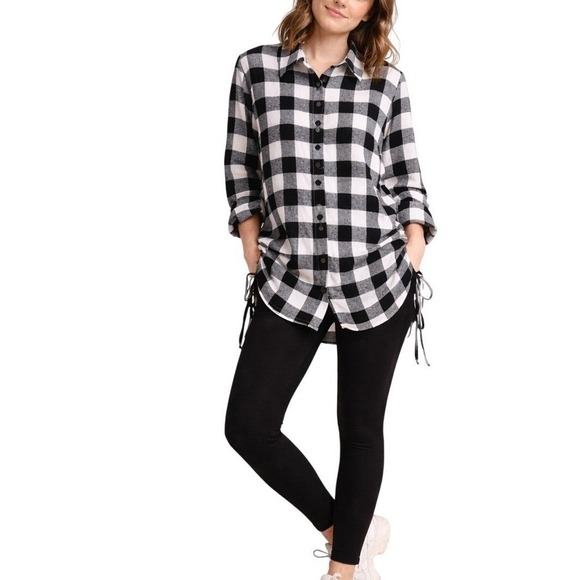 Black White Buffalo Check Plaid Womens Tunic Top XL Ruched Sides Cozy Cabincore - Picture 2 of 9